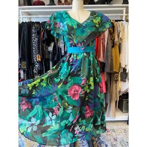 vintage 1980s black floral fit and flare dress, shawl flutter sleeves full skirt